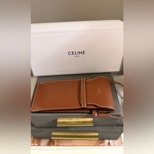 Celine Tan Leather cell Phone or glasses pouch holder bag with box
